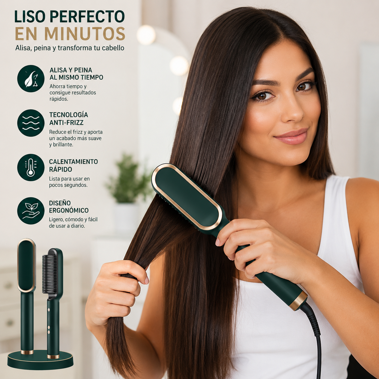 Cepillo Alisador Eléctrico 2 en 1 – Cabello Liso y Perfecto en Minutos